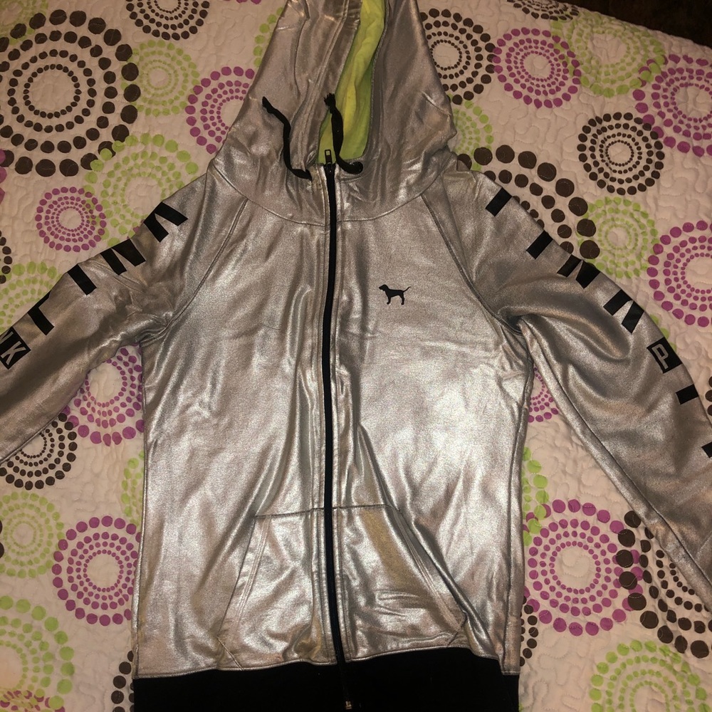 Silver holographic VS PINK zip up sweater